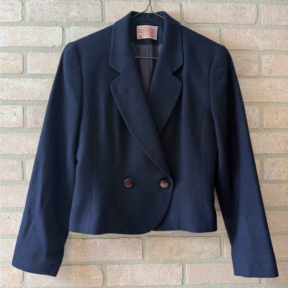 Vintage Pendleton Navy Blue Pure Virgin Wool Double Breasted Cropped Blazer